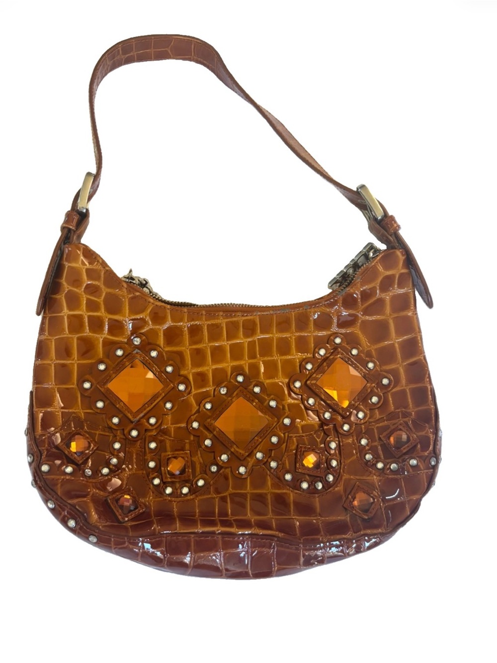 Amber Jeweled Croc-Embossed Shoulder Bag